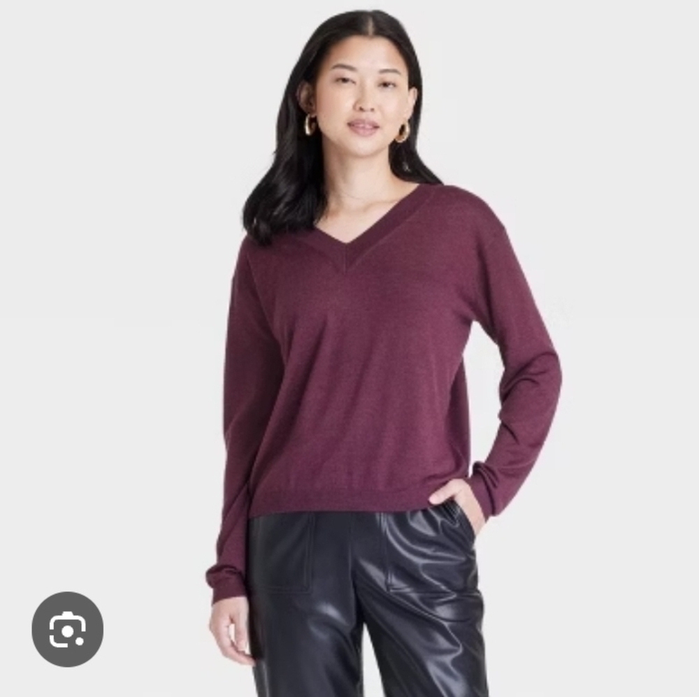 A New Day Women's Cozy Knit Pullover V-Neck Sweater Burgundy